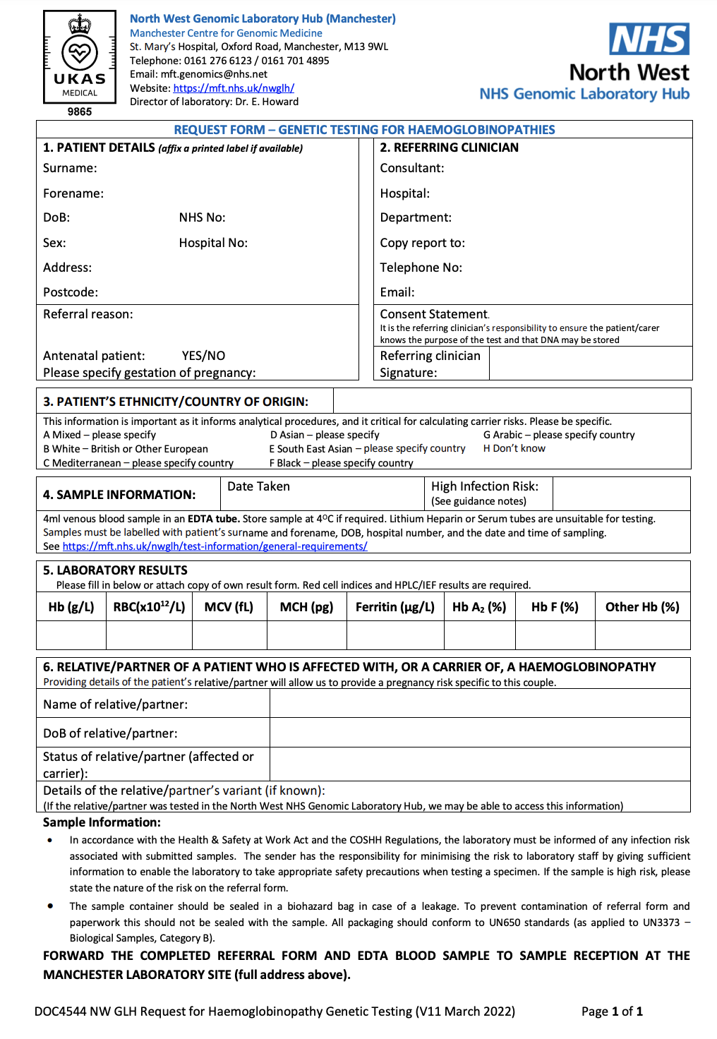 Request for Genetic Testing for Haemoglobinopathies